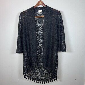 Emi & Joe Lace Open Cardigan Women’s Size M Black Tassled Hi-Lo Hem 1/2 Sleeve